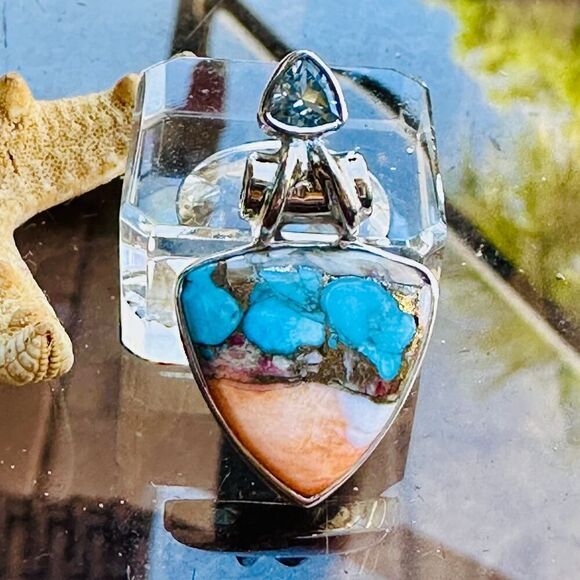 Composite Spiny Oyster & Arizona Turquoise Sterling Silver Pendant - Picture 5 of 6